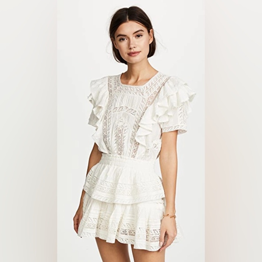 LoveShackFancy Stella Ruffled Frill Mini Lace Dress White XS Lace Ruffle Tiered